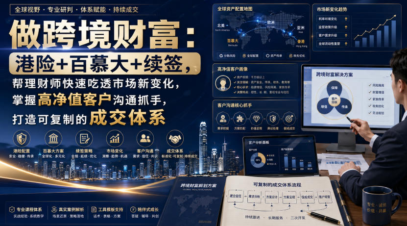 做跨境财富：港险+百慕大+续签，帮理财师快速吃透市场新变化，掌握高净值客户沟通抓手，打造可复制的成交体系|一人科技OPC聚合软件