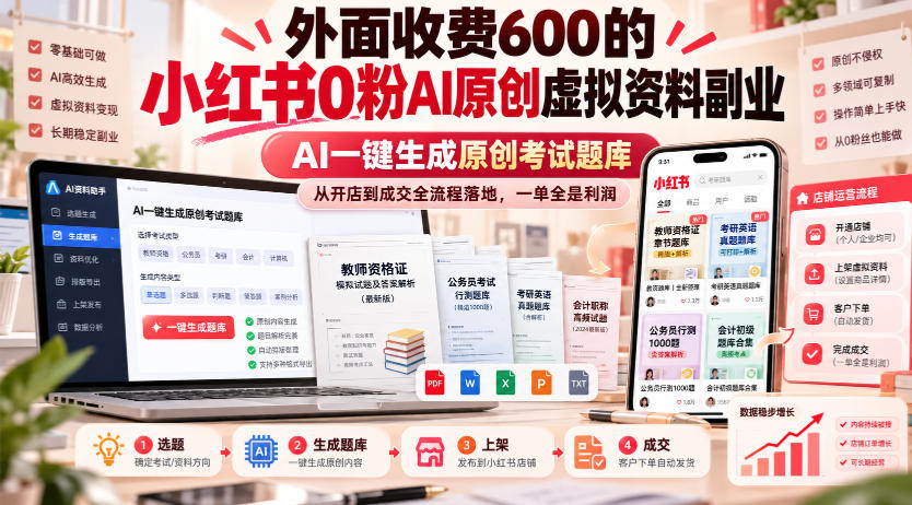 外面收费600的小红书0粉AI原创虚拟资料副业，AI一键生成原创考试题库，从开店到成交全流程落地，一单全是利润|一人科技OPC聚合软件