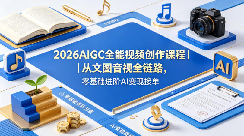 2026AIGC全能视频创作课程｜从文图音视全链路，零基础进阶AI变现接单|协议软件打粉软件