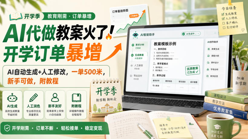 AI代做教案火了！开学订单暴增，AI自动生成+人工修改，一单500米，新手可做，附教程【揭秘】|一人科技OPC聚合软件