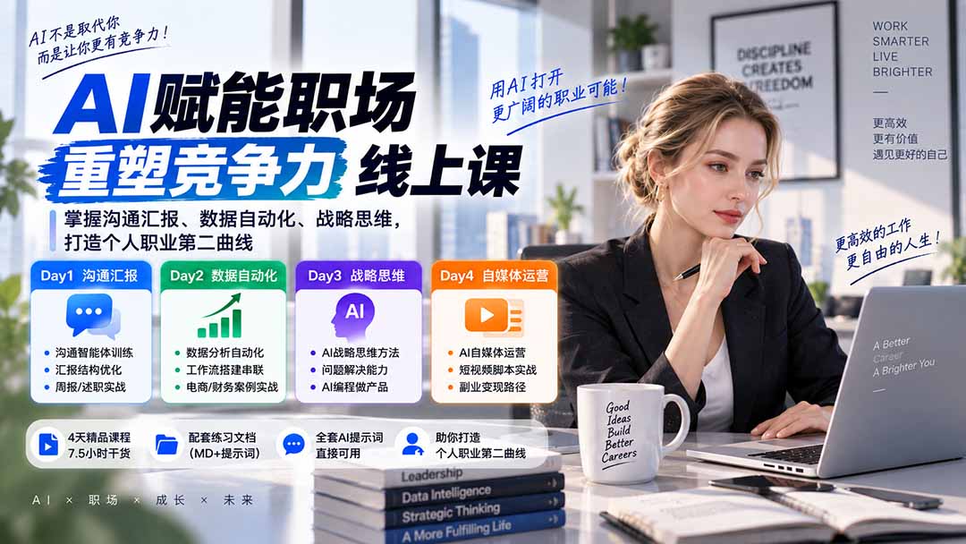 AI职场提效与第二曲线实战课-无水印：学习沟通汇报、数据工作流和战略思维，掌握AI编程做产品及自媒体运营方法|一人科技OPC聚合软件