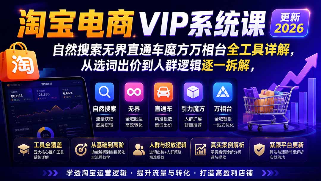 淘宝电商VIP系统课-更新8月；自然搜索无界直通车魔方万相台全工具详解，从选词出价到人群逻辑逐一拆解|一人科技OPC聚合软件