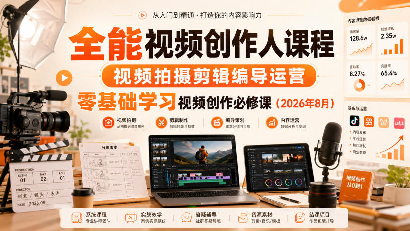 全能视频创作人课程，视频拍摄剪辑编导运营，零基础学习视频创作必修课(2026年8月)|一人科技OPC聚合软件