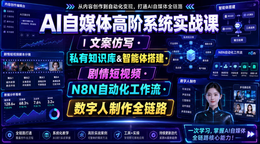 AI自媒体高阶系统实战课｜文案仿写・私有知识库&智能体搭建・剧情短视频・N8N自动化工作流・数字人制作全链路|一人科技OPC聚合软件
