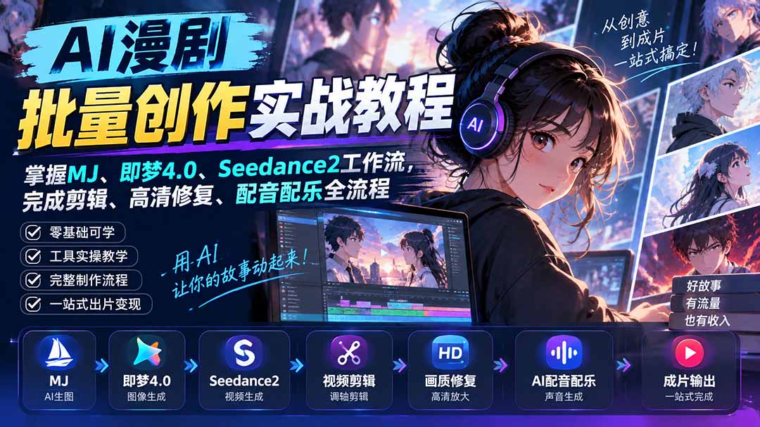 AI漫剧批量创作实战教程：掌握MJ、即梦4.0、Seedance2工作流，完成剪辑、高清修复、配音配乐全流程|一人科技OPC聚合软件