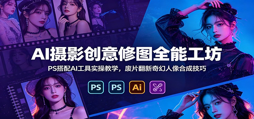 AI摄影创意修图全能工坊：PS搭配AI工具实操教学，废片翻新奇幻人像合成技巧|一人科技OPC聚合软件