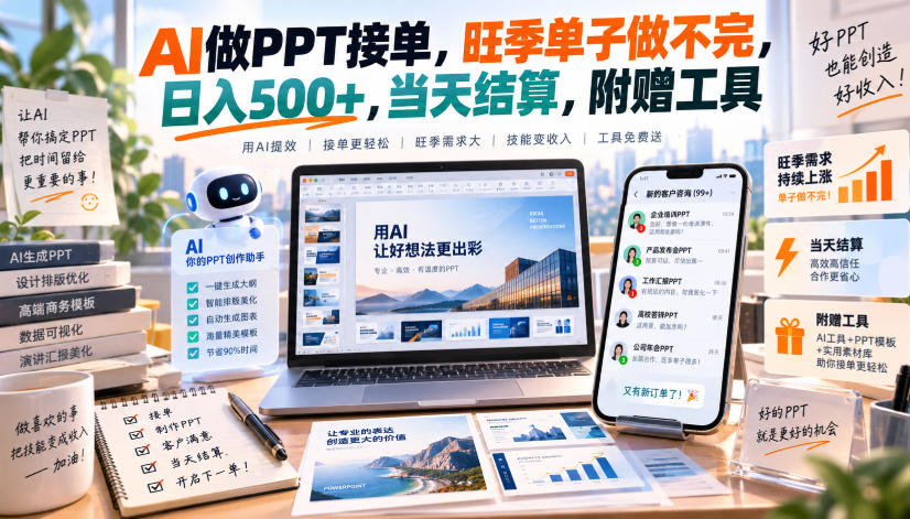 AI做PPT接单，旺季单子做不完，日入500+，当天结算，附赠工具【揭秘】|一人科技OPC聚合软件