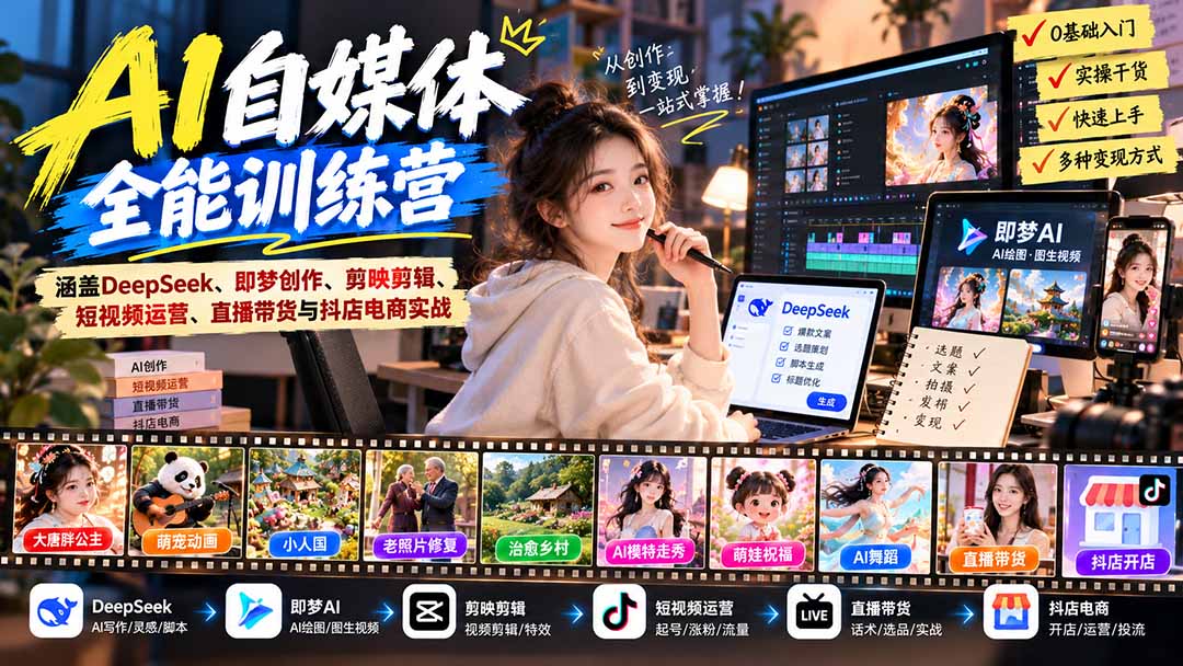 【无水印】AI+自媒体全能训练营：涵盖DeepSeek、即梦创作、剪映剪辑、短视频运营、直播带货与抖店电商实战|一人科技OPC聚合软件