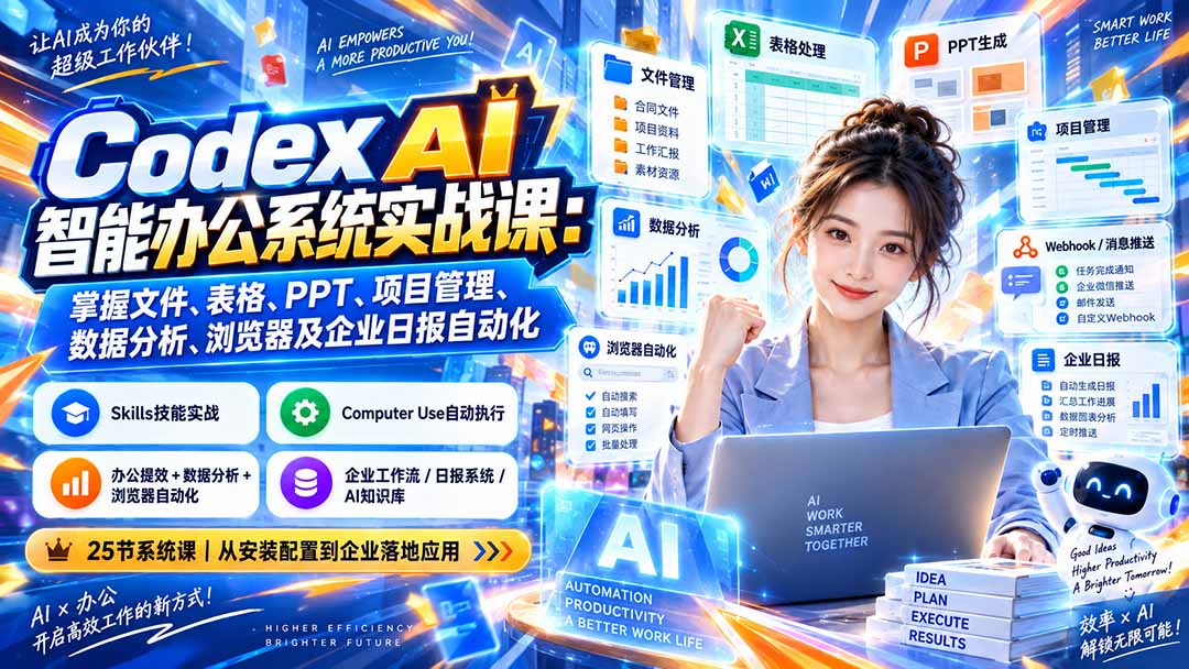 Codex AI智能办公系统实战课：掌握文件、表格、PPT、项目管理、数据分析、浏览器及企业日报自动化|一人科技OPC聚合软件