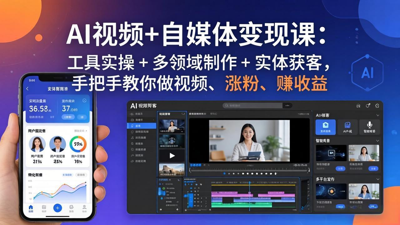 AI视频+自媒体变现课：工具实操 + 多领域制作 + 实体获客，手把手教你做视频、涨粉、赚收益|协议软件打粉软件
