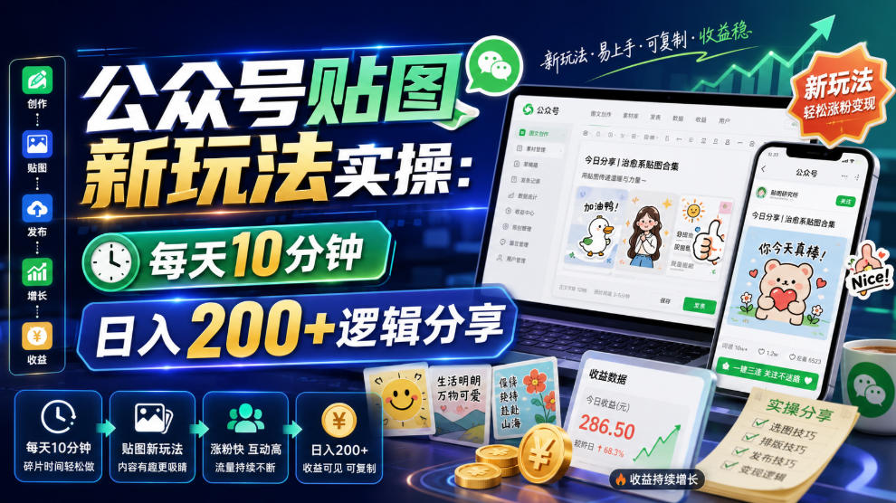 公众号贴图新玩法实操，每天10分钟，日入200+逻辑分享|一人科技OPC聚合软件