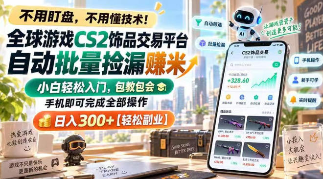 全球游戏CS2饰品交易平台自动批量捡漏賺米，小白轻松入门，包教包会，手机即可完成全部操作，日入300+【揭秘】|一人科技OPC聚合软件