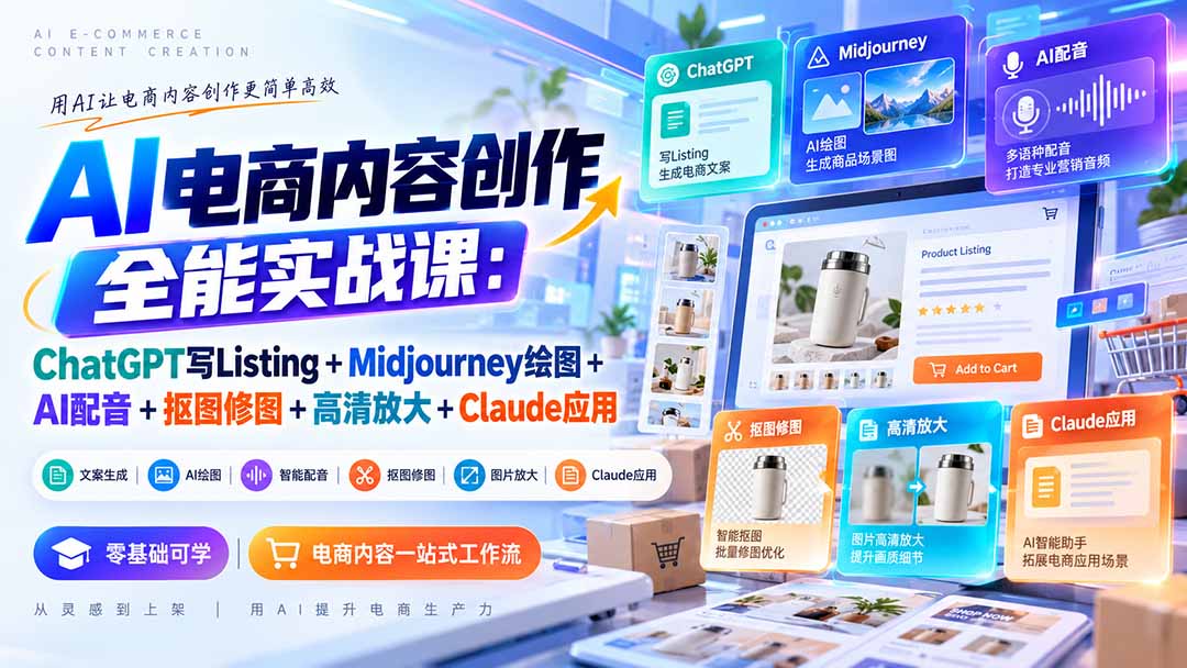 【无水印】AI电商内容创作全能实战课：ChatGPT写Listing+Midjourney绘图+AI配音+抠图修图+高清放大+Claude应用|一人科技OPC聚合软件