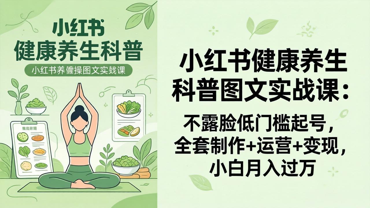 2026小红书健康养生科普图文实战课：不露脸低门槛起号，全套制作+运营+变现，小白月入过万|协议软件打粉软件