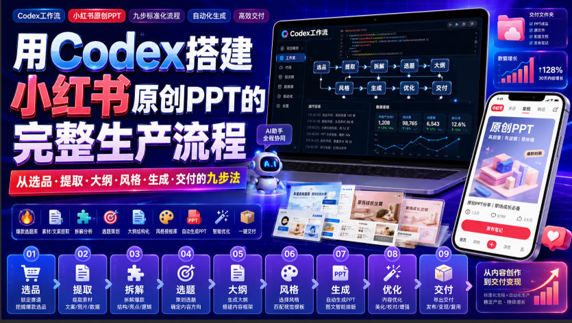 用Codex搭建小红书原创PPT的完整生产流程，从选品·提取·大纲·风格·生成·交付的九步法|一人科技OPC聚合软件