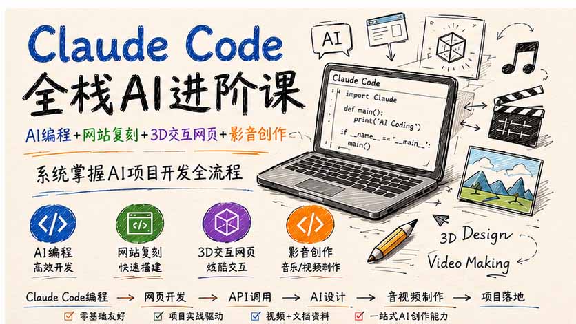 Claude Code全栈AI进阶课-更新；AI编程+网站复刻+3D交互网页+影音创作，系统掌握AI项目开发全流程|一人科技OPC聚合软件