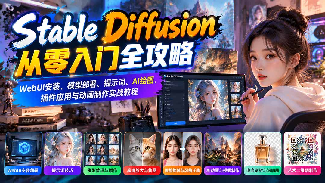 Stable Diffusion从零入门全攻略：WebUI安装、模型部署、提示词、AI绘图、插件应用与动画制作实战教程|一人科技OPC聚合软件