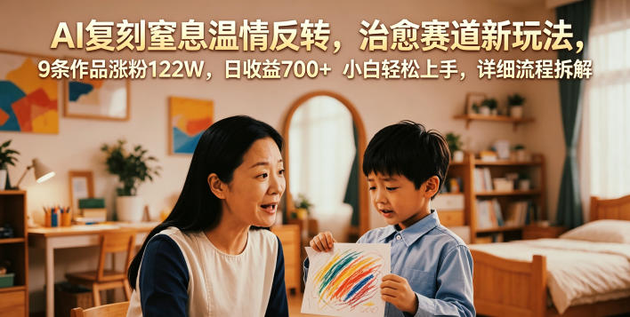 AI复刻窒息温情反转，治愈赛道新玩法，9条作品涨粉122W，日收益700+ 小白轻松上手，详细流程拆解|一人科技公司导航