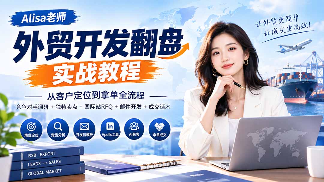 外贸开发翻盘实战教程｜从客户定位到拿单全流程+竞争对手调研+独特卖点+国际站RFQ+邮件开发+成交话术|一人科技OPC聚合软件
