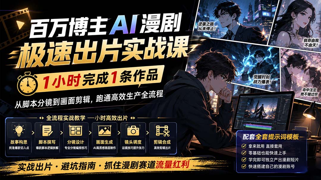 百万博主AI漫剧极速出片实战课：1小时产出条作品，从脚本分镜到画面剪辑，跑通高效生产全流程|一人科技OPC聚合软件