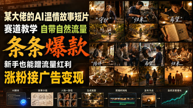 某大佬的AI温情故事短片赛道教学，自带自然流量，条条爆款，新手也能蹭流量红利，涨粉接广告变现|一人科技OPC聚合软件