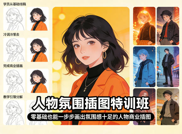 人物氛围插图特训班，零基础也能一步步画出氛围感十足的人物商业插图|协议软件打粉软件