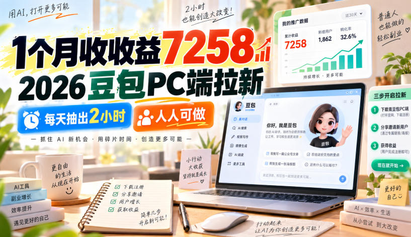 1个月收收益7258，2026豆包PC端拉新，每天抽出2小时，人人可做|一人科技OPC聚合软件