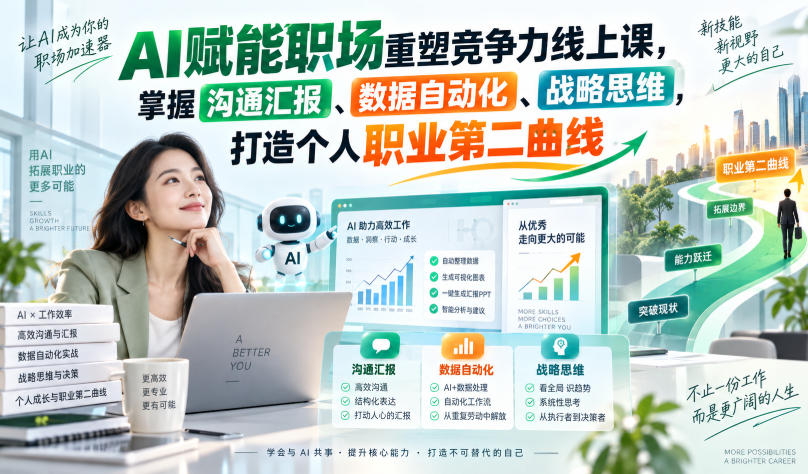 AI赋能职场重塑竞争力线上课，掌握沟通汇报、数据自动化、战略思维，打造个人职业第二曲线|一人科技OPC聚合软件