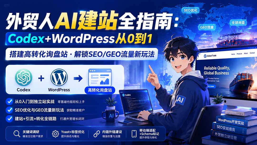 外贸人AI建站全指南：Codex+WordPress从0到1·搭建高转化询盘站·解锁SEO/GEO流量新玩法-更新|一人科技OPC聚合软件