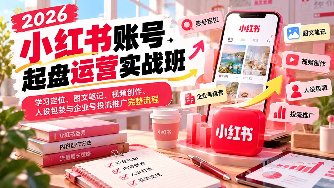 2026小红书账号起盘运营实战班：学习定位、图文笔记、视频创作、人设包装与企业号投流推广完整流程|一人科技OPC聚合软件