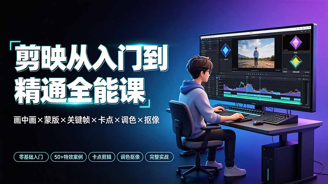 剪映从入门到精通全能课：画中画×蒙版×关键帧×卡点×调色×抠像，一站式掌握剪辑核心技能|一人科技OPC聚合软件