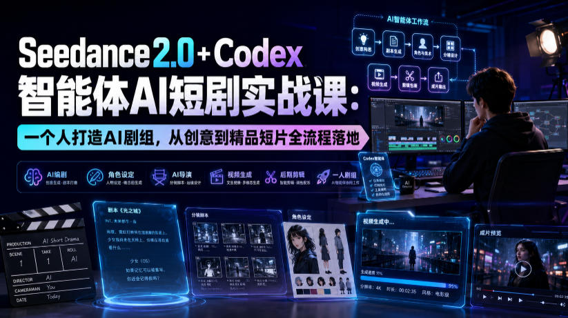 Seedance2.0+Codex智能体AI短剧实战课：一个人打造AI剧组，从创意到精品短片全流程|一人科技OPC聚合软件