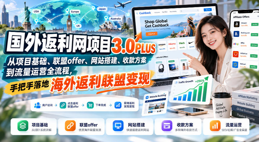 国外返利网项目3.0PLUS，从项目基础、联盟offer、网站搭建、收款方案到流量运营全流程，手把手落地海外返利联盟变现|一人科技OPC聚合软件