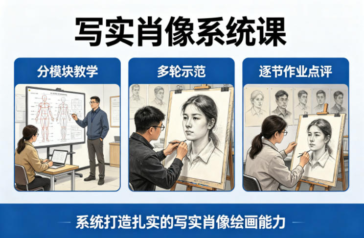写实肖像系统课，全程分模块教学+多轮示范+逐节作业点评，系统打造扎实的写实肖像绘画能力|协议软件打粉软件
