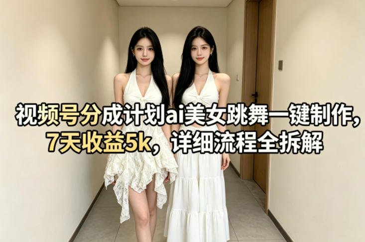 视频号分成计划ai美女跳舞一键制作，7天收益5k，详细流程全拆解|协议软件打粉软件