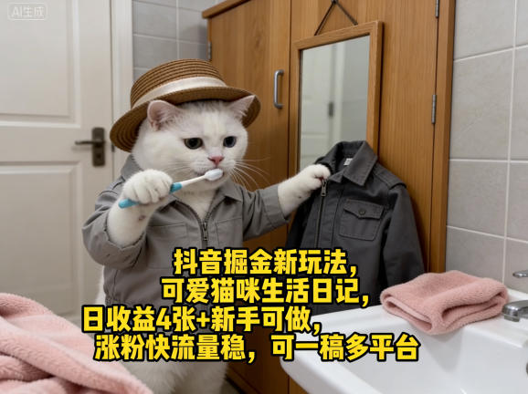 抖音掘金新玩法，可爱猫咪生活日记，日收益4张+新手可做，涨粉快流量稳，可一稿多平台|协议软件打粉软件