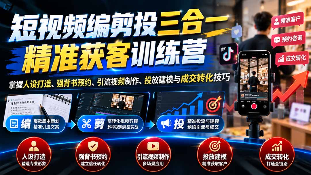 短视频编剪投三合一精准获客训练营：掌握人设打造、强背书预约、引流视频制作、投放建模与成交转化技巧|一人科技OPC聚合软件