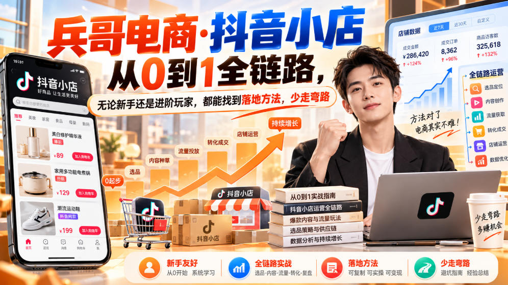 【无水印】兵哥电商·抖音小店从0到1全链路，无论新手还是进阶玩家，都能找到落地方法，少走弯路(更新9月)|一人科技OPC聚合软件