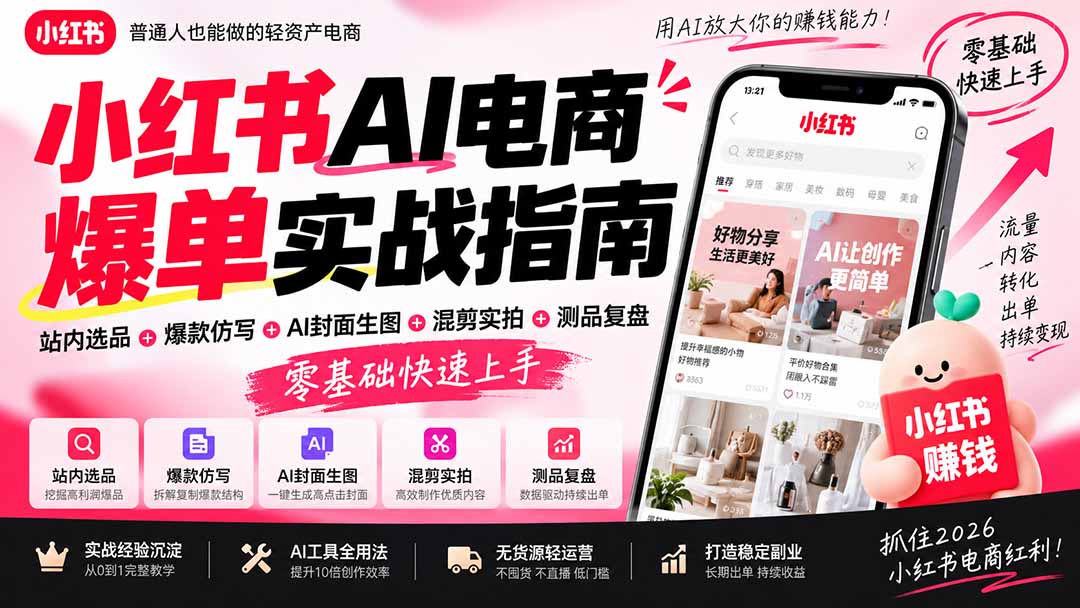2026小红书AI电商爆单实战指南：站内选品+爆款仿写+AI封面生图+混剪实拍+测品复盘，零基础快速上手|一人科技OPC聚合软件