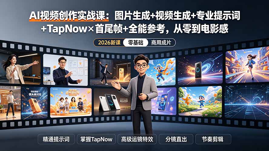 AI视频创作实战课：图片生成+视频生成+专业提示词+TapNow×首尾帧+全能参考，从零到电影感成片|一人科技OPC聚合软件