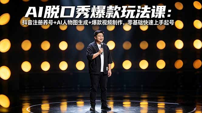 AI脱口秀爆款玩法课：抖音注册养号+AI人物图生成+爆款视频制作，零基础快速上手起号|协议软件打粉软件