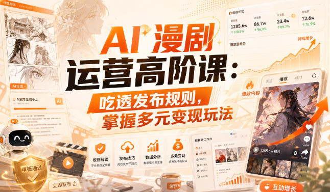 AI漫剧运营高阶课：吃透发布规则，掌握多元变现玩法|一人科技OPC聚合软件