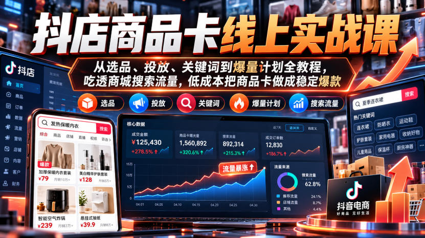 抖店商品卡线上实战课｜从选品、投放、关键词到爆量计划全教程，吃透商城搜索流量，低成本把商品卡做成稳定爆款|一人科技OPC聚合软件