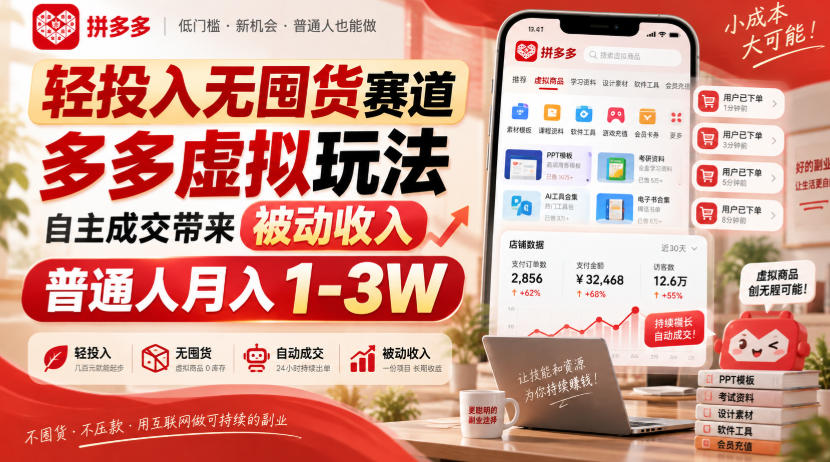 轻投入无囤货赛道，多多虚拟玩法自主成交带来被动收入，普通人月入1-3W|一人科技OPC聚合软件