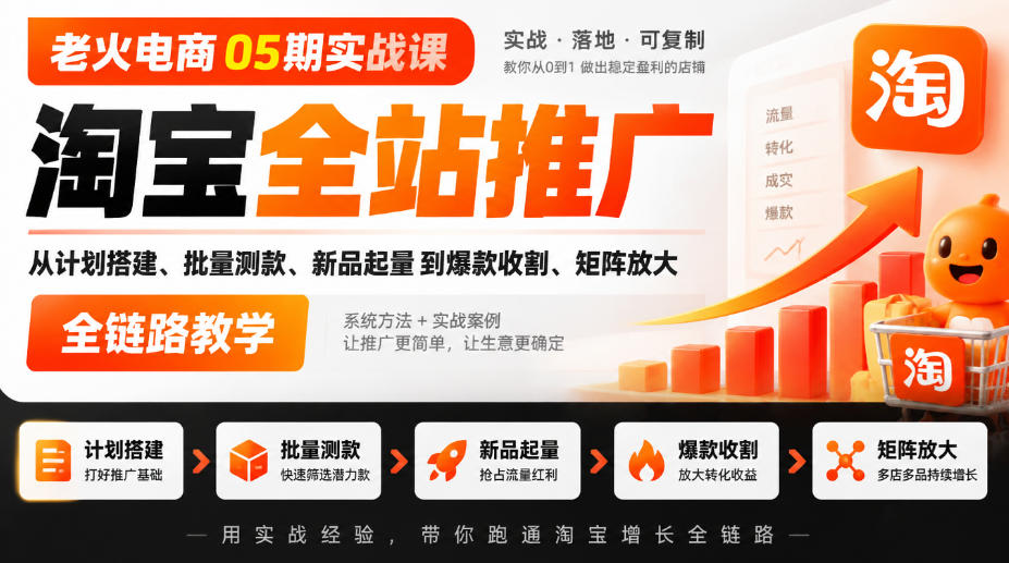 老火电商05期实战课｜淘宝全站推广从计划搭建、批量测款、新品起量到爆款收割、矩阵放大全链路教学|一人科技OPC聚合软件