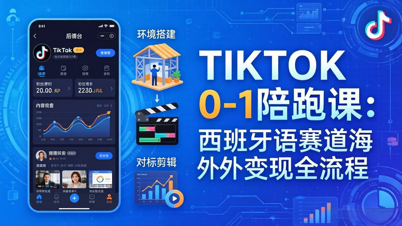 TIKTOK 0-1 陪跑课：从环境搭建到刷对标剪辑，西班牙语赛道海外变现全流程|协议软件打粉软件