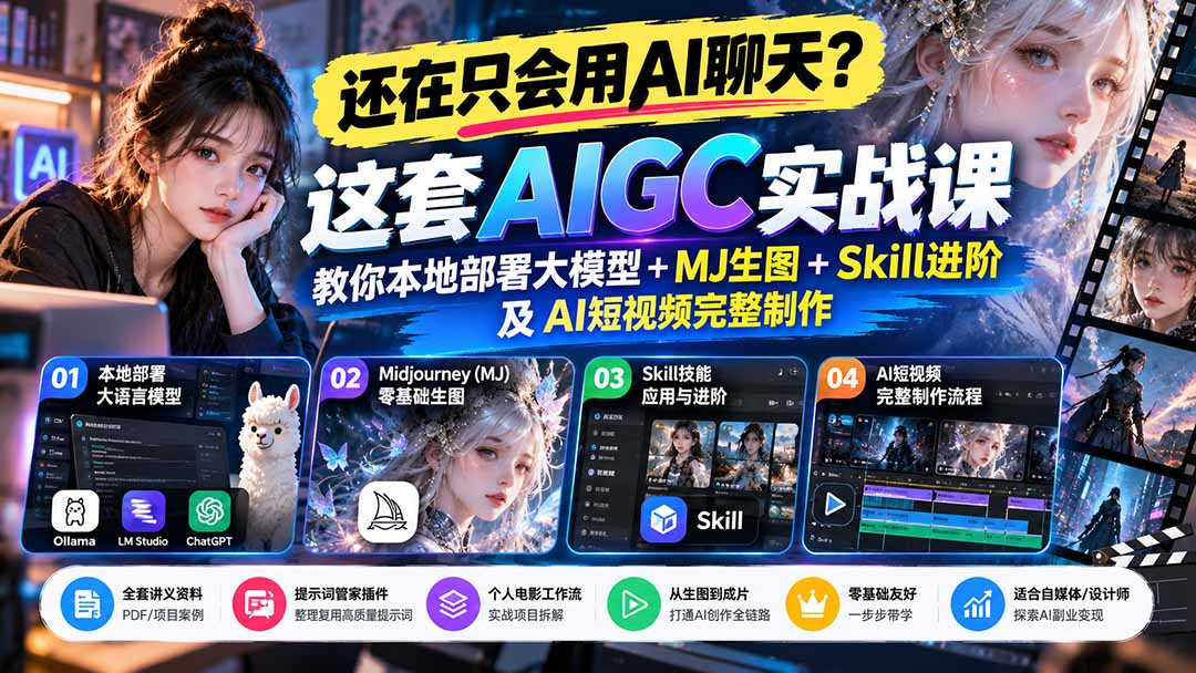 【无水印】还在只会用AI聊天？这套AIGC实战课教你本地部署大模型+MJ生图+Skill进阶及AI短视频完整制作|一人科技OPC聚合软件