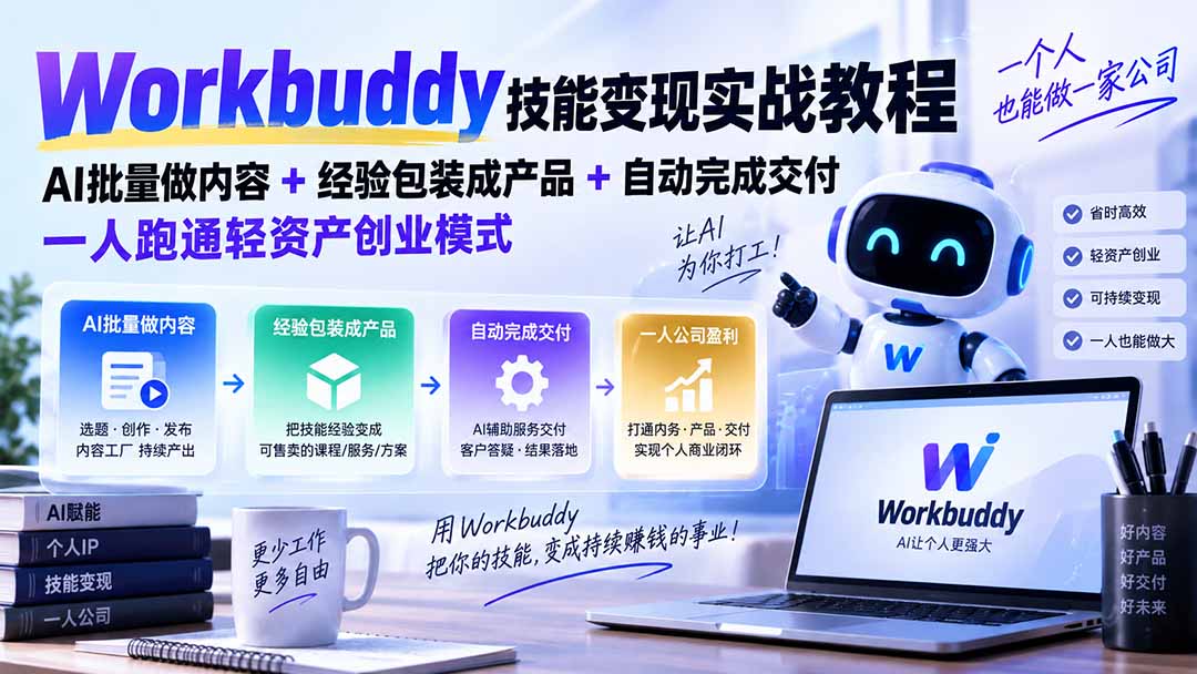 Workbuddy技能变现实战教程：AI批量做内容+经验包装成产品+自动完成交付，一人跑通轻资产创业模式|一人科技OPC聚合软件
