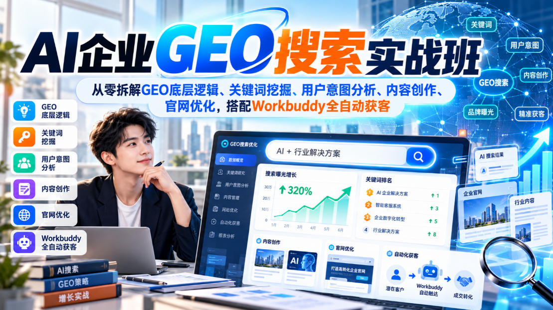AI企业GEO搜索实战班，从零拆解GEO底层逻辑、关键词挖掘、用户意图分析、内容创作、官网优化，搭配Workbuddy全自动获客|一人科技OPC聚合软件