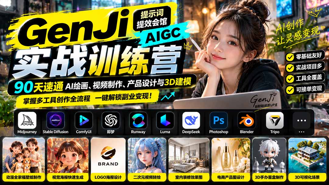 GenJi AIGC实战训练营：90天速通AI绘画、视频制作、产品设计与3D建模，掌握多工具创作全流程|一人科技OPC聚合软件